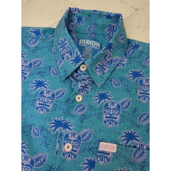 Dixxon Tiki Totem Short Sleeve Button Down Shirt Mens Large Party Shirt Teal AOP - Picture 1 of 9